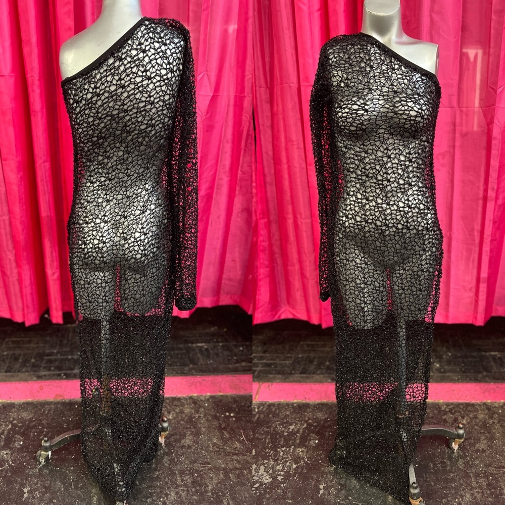 Black See Thru dress, one sleeve & high split